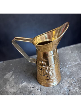 Vintage Brass Nautical Pitcher Tall Ship & Lighthouse Coastal Decor 6.5”